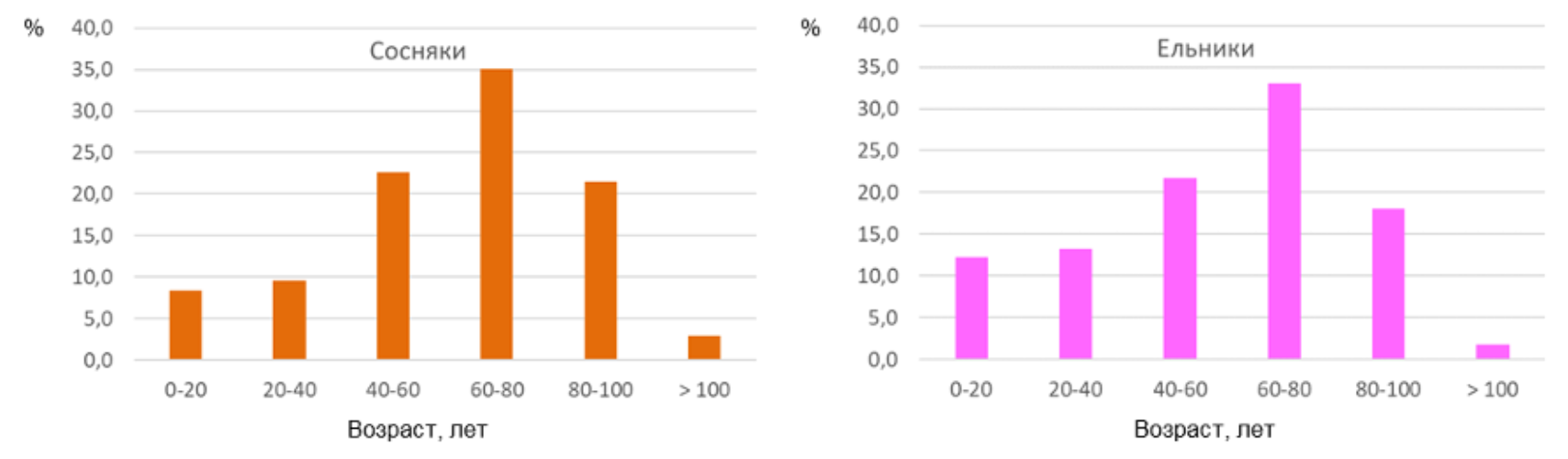 Рис. 3. Возрастная структура ельников на территории Беларуси